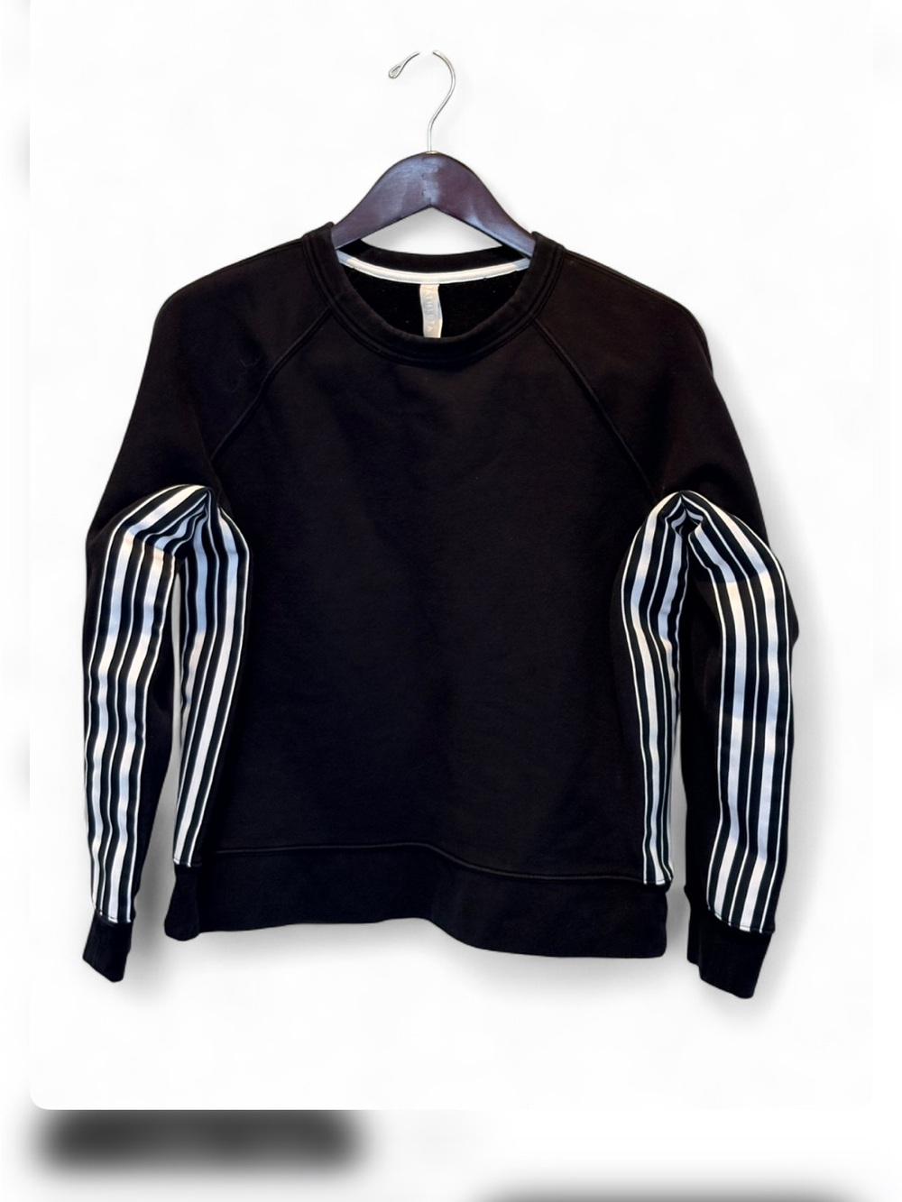 Athleta Black Crewneck Sweatshirt with Black-and-White Striped Sleeves
